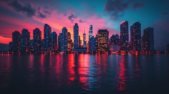 City Skyline Night Lights Reflecting on Water