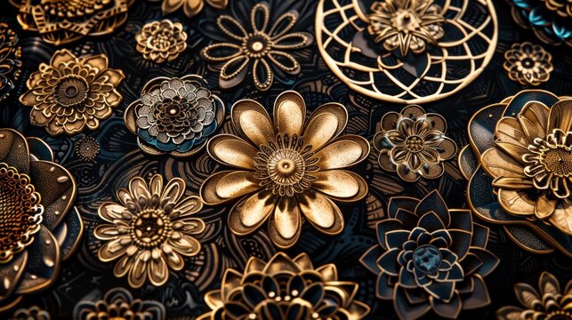 a close up of a bunch of gold flowers on a black surface with a circular object in the middle of the picture.