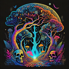 Mystical landscape with a skull. Neon magical forest with a skull. magical glow.