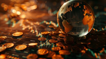 Market Crash Crisis: A shattered glass globe lying amidst scattered coins and broken financial charts,  symbolizing the turmoil of a market crash - obrazy, fototapety, plakaty
