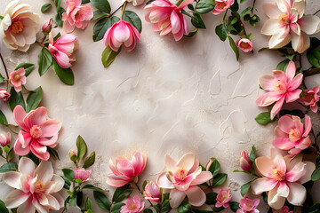 Composition pattern of magnolia flowers, peonies, and leaves on a light background, perfect for holiday greetings, weddings, and special occasions.