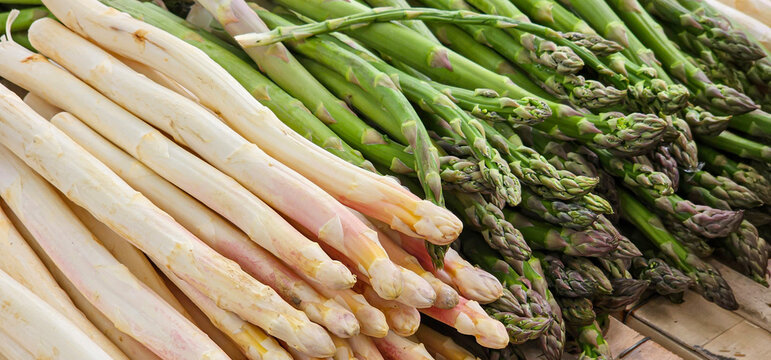 White and green asparagus. Close up shot of an abundant display of green asparagus spear tips for sale at a French farmer&rsquo;s market or supermarket as a background.