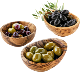 Green olives in wooden bowl, cut out transparent