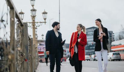 Three young professionals engage in conversation while walking together through the city streets.