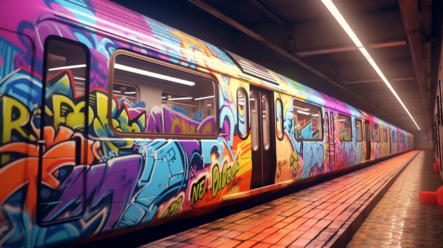 A light-rail transit system gliding through an urban tunnel, adorned with colorful graffiti.