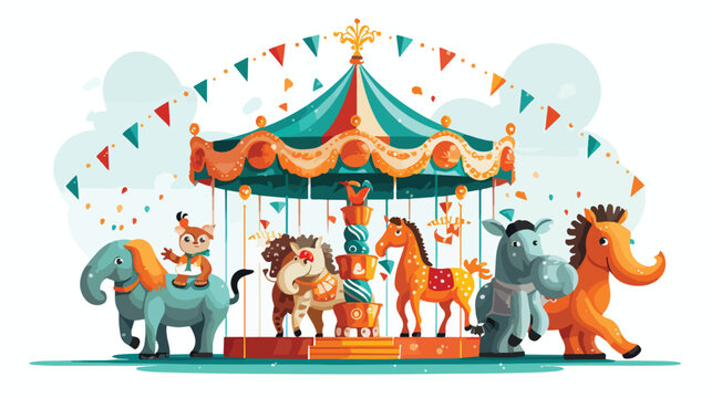 A cheerful scene of animals riding on a carousel at