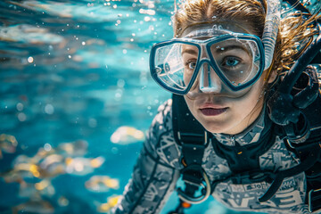 Portrait of a Woman in diving suit and wearing diving gear is swimming in the open ocean