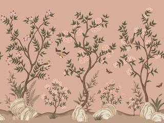 Vintage botanical garden tree, bird, butterfly, stone, rose flower, plant floral seamless border pink background. Exotic chinoiserie mural.	