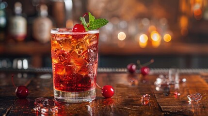 An elegant bar scene with a cherry-flavored beer cocktail, garnished with a cherry and mint leaf, on a polished wooden counter. - obrazy, fototapety, plakaty