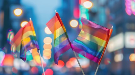 Three rainbow flags are held up in the air. The flags are held up by people in the city, creating a sense of unity and pride. Pride Month Concept - obrazy, fototapety, plakaty