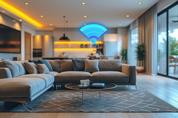 White router with blue Wi-Fi symbol hangs on the wall of bright living room in modern smart house, blurry background