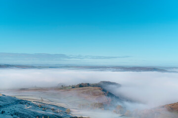 Fantastic view of the national park Peak District on cold foggy day