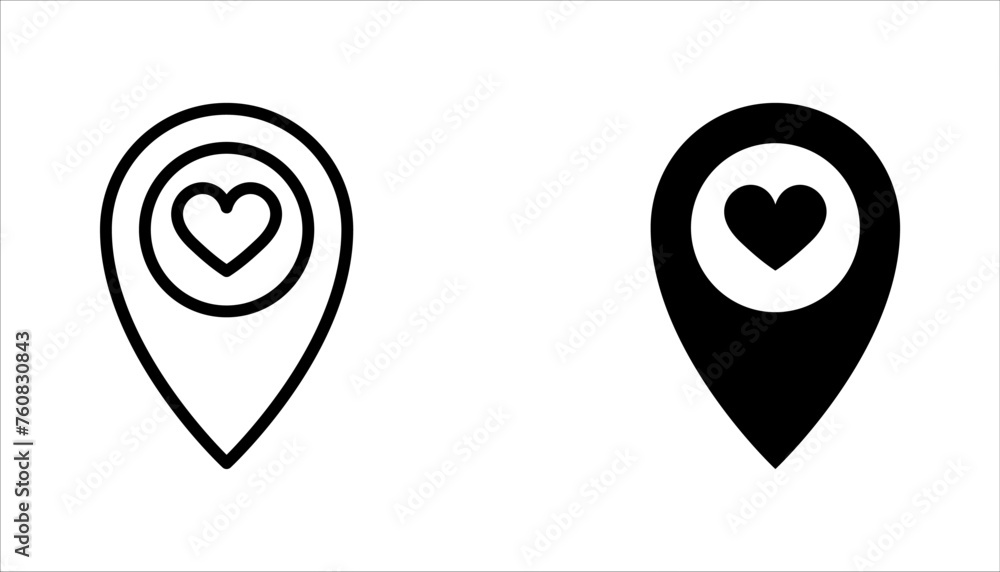 Poster map pin icon set, location pin icon set, map pointer with heart icon vector illustration on white ba