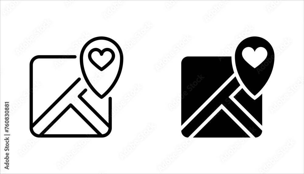 Poster map pin icon set, location pin icon set, map pointer with heart icon vector illustration on white ba
