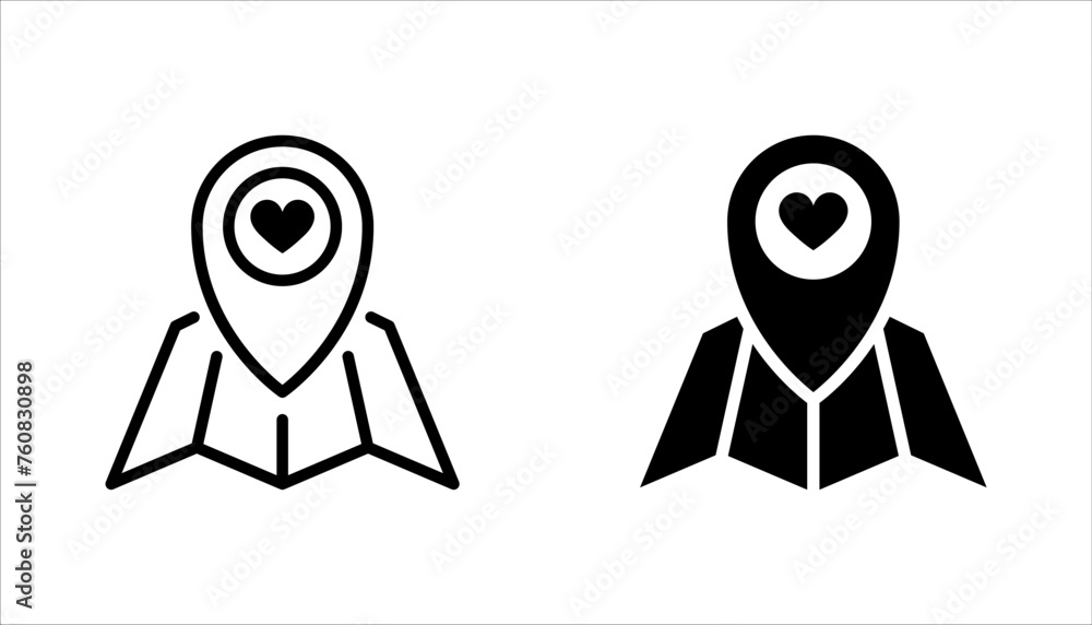 Poster map pin icon set, location pin icon set, map pointer with heart icon vector illustration on white ba
