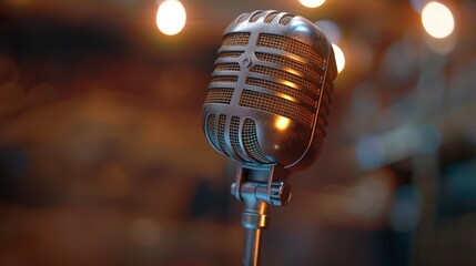 Hyper-Realistic Image of a Retro Microphone Under Vintage Stage Lights - Envision a super realistic image featuring a retro microphone under the warm, embracing glow of vintage stage lights.