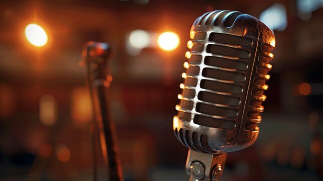 Hyper-Realistic Image of a Retro Microphone Under Vintage Stage Lights - Envision a super realistic image featuring a retro microphone under the warm, embracing glow of vintage stage lights.
