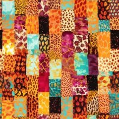 A vibrant collage of quilt-inspired patches with a mix of leopard prints, creating a lively and colorful pattern.