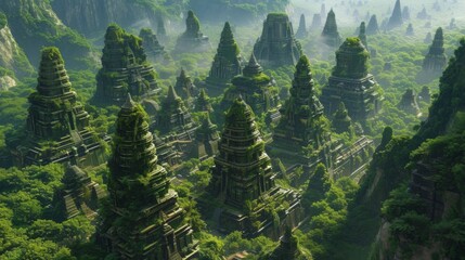 A breathtaking digital artwork of jade-colored spires, ancient and overgrown with lush green foliage, nestled in a misty, emerald forest. - obrazy, fototapety, plakaty