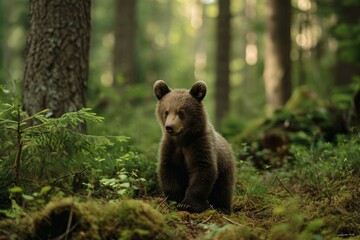 Adventurous Baby bear forest. Cute and very fluffy animal with brown hair walking around. Generate AI