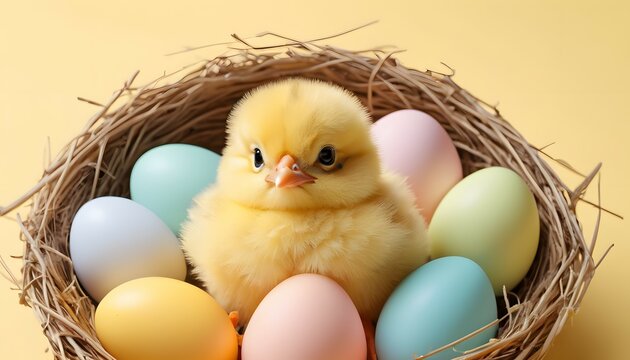 Little yellow chick peeking out from a nest full of Easter eggs
