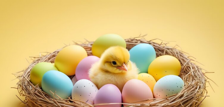 Little yellow chick peeking out from a nest full of Easter eggs