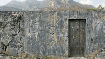 a door in a stone wall with a mountain in the backgroup of the wall in the backgroup.