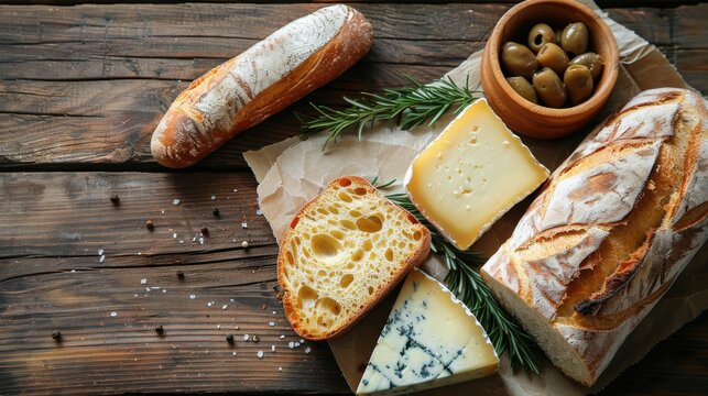 Assorted Breads and Cheeses on a Wooden Table