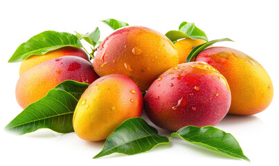 Fototapeta na wymiar Fresh ripe mangoes with green leaves isolated