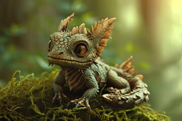 Fototapeta premium Tiny Baby dragon. Nature animal eyes. Generate Ai