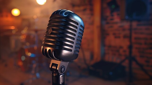 Ultra HD Capture of an Antique Microphone on a Dimly Lit Jazz Club Stage - This prompt aims to create an ultra-realistic image showcasing a retro microphone set against the intimate backdrop.