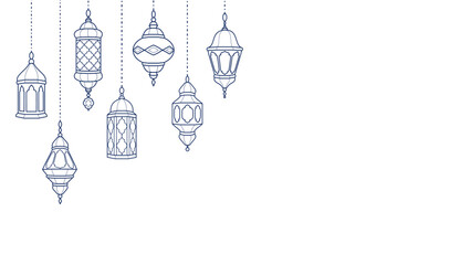 Ramadan lanterns corner decoration. Islamic celebration border. Hanging traditional eastern lamps isolated on white. © Olga Prozorova