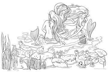 Mermaid girls dream, mermaids swim in the pond, fairy pond with mermaids, illustration, for coloring