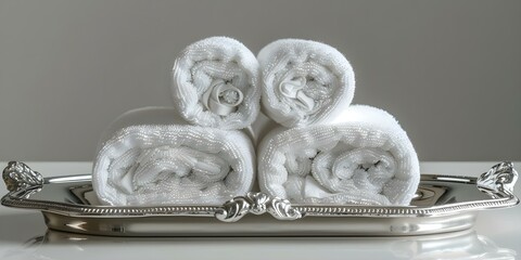A neatly folded white towel on a silver tray . Concept Luxurious Lifestyle, Monochrome Decor, Elegant Presentation