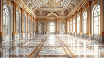 Emptiness Echoes Grandeur in this Luxurious Marble Hall with Cinematic Lighting - obrazy, fototapety, plakaty