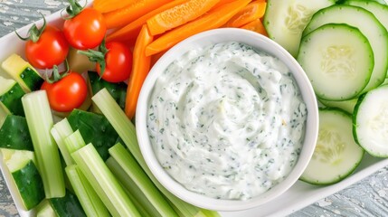 a platter with cucumbers, carrots, celery, cucumbers, and dip.