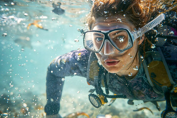 Portrait of a Woman in diving suit and wearing diving gear is swimming in the open ocean