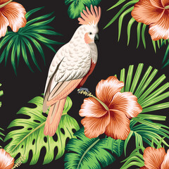 Fototapeta premium Tropical vintage palm leaves, pink hibiscus, white cockatoo parrot floral seamless pattern black background. Exotic jungle wallpaper.