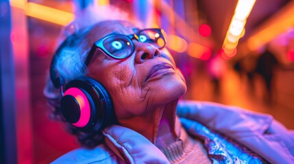 Older Woman Wearing Headphones and Looking Up