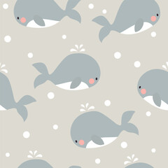 Seamless pattern with cute whale. Childish background. Vector illustration. It can be used for wallpapers, wrapping, cards, patterns for clothes and other.