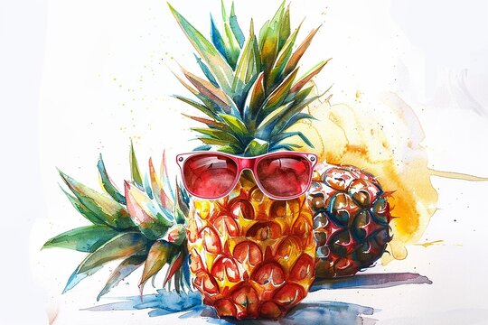 watercolor illustration of pineapple in sunglasses on white background
