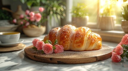 Bakery. Photos of various bakery products. Healthy eating concept. Delicious confectionery dessert pastries filled with fruits and berries on a marble background.