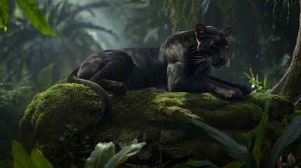 A sleek black panther resting gracefully on a moss-covered rock in the heart of a dense jungle.