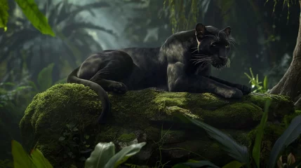 Foto op Plexiglas A sleek black panther resting gracefully on a moss-covered rock in the heart of a dense jungle. © Its Your,s