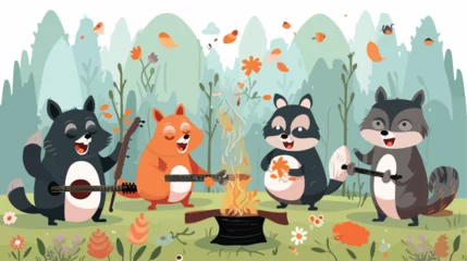 Muurstickers A comical scene of animals having a barbecue in a b © Mishi