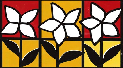 a painting of a flower on a yellow, red, black, and white background with squares of black, red, yellow, and white.