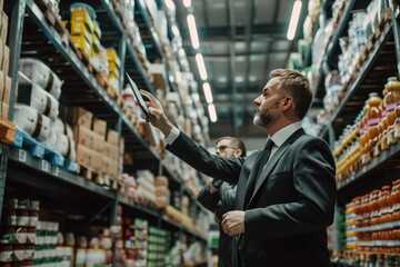 Fototapeta na wymiar Two men in suits looking at a shelf of food. One of them is holding a tablet. Scene is professional and focused