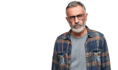 Portrait of a middle-aged man dressed in casual clothes with glasses looking for the camera.