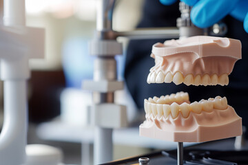 Fototapeta premium Dental retainer in dental laboratory. Dentistry and orthodontics concept