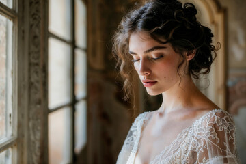 Portrait of a brunette bride with the sunlight highlighting her face 